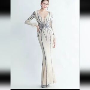 Gray and Cream Backless Embellished Gown with Bishop Sleeves